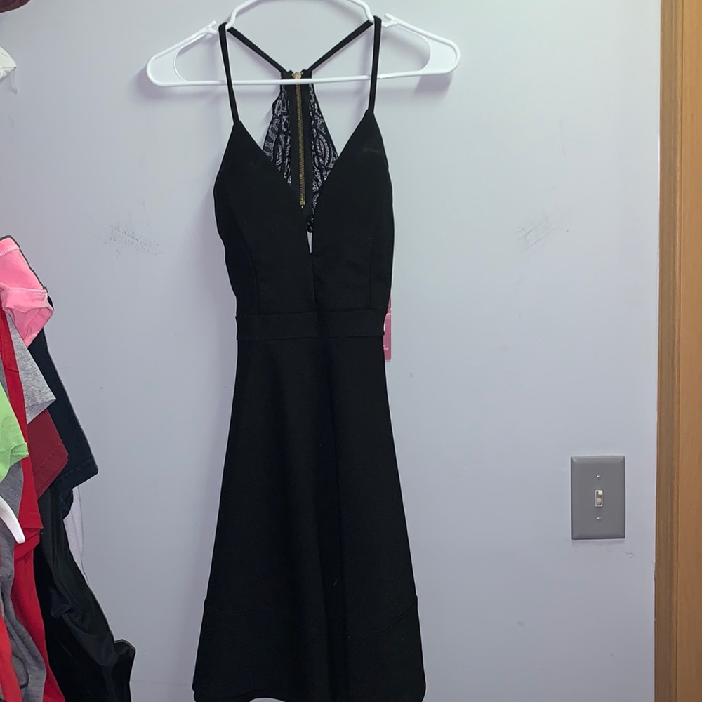 Black lace detail zip up back dress
